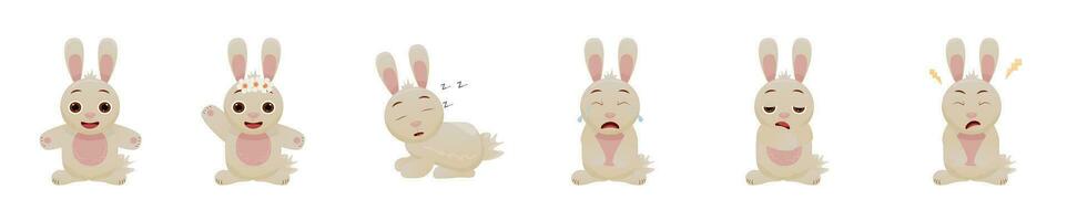 Set of vector illustrations of a hare, rabbit. Emotions smiling, greeting, crying, hurting, sleeping, bored, sick. Cartoon bunny.