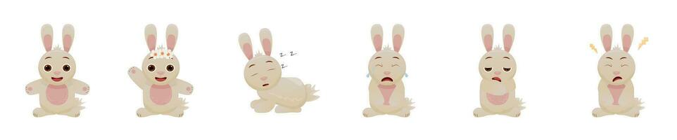 Set of vector illustrations of a hare, rabbit. Emotions smiling, greeting, crying, hurting, sleeping, bored, sick. Cartoon bunny.