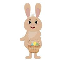 Easter bunny. A rabbit holds a basket of eggs on a white background. Vector