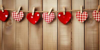 ai generado San Valentín día antecedentes con rojo corazones y pinzas para la ropa en de madera antecedentes contento San Valentín día generado ai foto