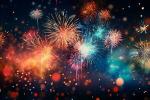 AI generated Colorful fireworks on night sky background. New Year celebration Generative ai photo