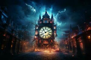 AI generated Image of old vintage pocket watch over burning fire background. Time concept happy new year Generative ai photo