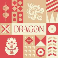Dragon Lunar New Year seamless pattern in scandinavian style postcard with Retro clean concept design vector