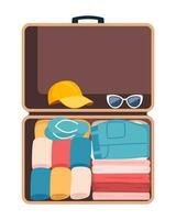 Suitcase with packed clothes for travel in top view. Clothing, footwear and accessories. Personal belongings in luggage, going on vacation, journey or business trip. Vector illustration.