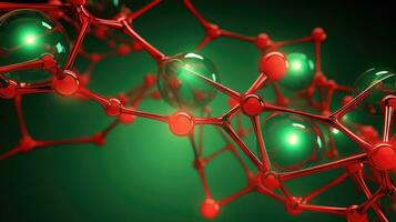 ai generado molecular estructura con rojo esferas en verde antecedentes foto