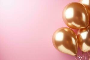 AI generated Golden balloons with ribbons on pink background photo