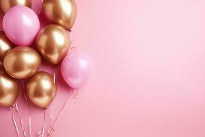 AI generated Golden balloons with ribbons on pink background photo