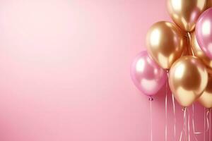 AI generated Golden balloons with ribbons on pink background photo