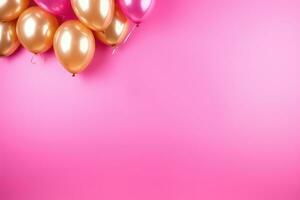 AI generated Golden balloons with ribbons on pink background photo