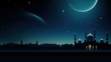 ai generado Ramadán kareem antecedentes con mezquita cielo noche antecedentes foto