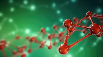 ai generado molecular estructura con rojo esferas en verde antecedentes foto