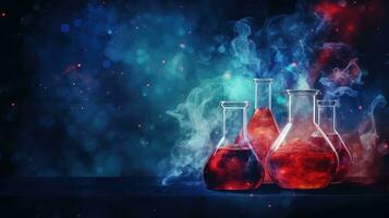 AI generated Laboratory glassware with red and blue smoke on dark background. photo