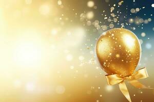 AI generated Golden balloons with confetti and ribbons on bokeh background photo