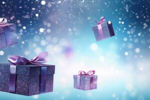 AI generated Gift boxes flying on snow background photo