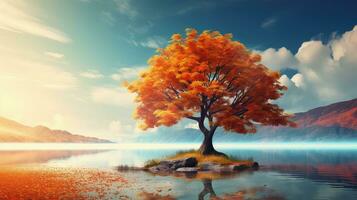 AI generated Autumn landscape with red maple tree and blue sky photo