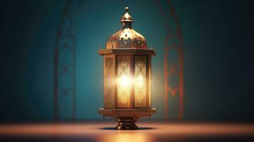 AI generated Ramadan Kareem lantern on blue background. photo