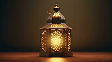 AI generated Ramadan Kareem lantern on wooden table in dark room photo