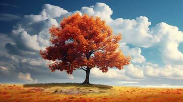 AI generated Autumn landscape with red maple tree and blue sky photo