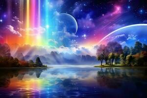 AI generated Beautiful fantasy landscape with rainbow and lake photo