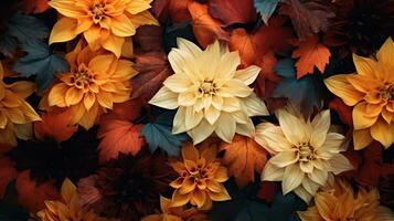 AI generated Autumn background with yellow and red dahlia flowers, top view photo