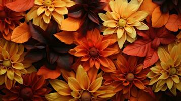 AI generated Autumn background with yellow and red dahlia flowers, top view photo