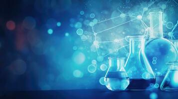 AI generated Laboratory glassware with blue liquid, science research concept photo