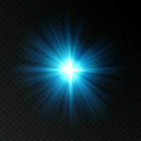 Light blue flash on black background. Explosion vector template. Realistic illustration with glowing burst star. Bright glare effect.