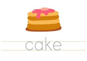 Trace word cake. English worksheet for kids. Cartoon colorful cake. vector