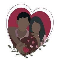 Dark skinned couple in heart frame isolated on white, flat vector, faceless illustration, Valentine's Day vector