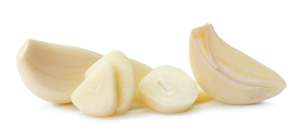 Peeled garlic clove with slices in stack isolated with clipping path and shadow in png file format