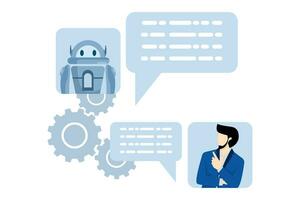 Concept of talking with online chatbot inside chat bubble, artificial intelligence, digital technology, human replacement robot. customer service. flat vector illustration on white background.