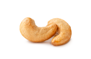 Front view of two roasted cashew nut in stack isolated with clipping path and shadow in png file format.