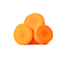 Front view of beautiful orange carrot slices in stack isolated with clipping path and shadow in png file format