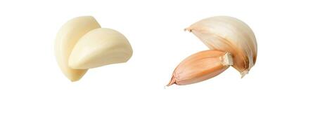 Top view set of peeled garlic cloves or slices isolated on white background with clipping path photo