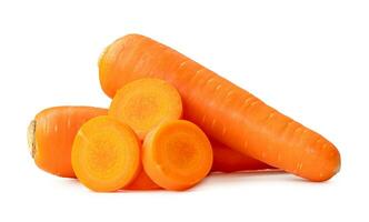 Two fresh orange carrots with slices in stack isolated on white background with clipping path photo