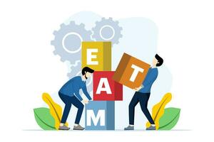 Teamwork concept in business. a team of business people who collect a box that says team. Symbol of teamwork, cooperation, partnership, collaboration. Flat vector illustration on white background.