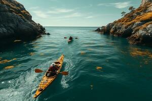 AI generated Drone view of people going kayaking photo