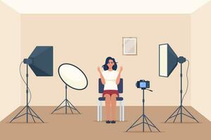 Shooting interview in professional studio. Soft box light, camera, spotlight. Professional equipment for video shooting. Woman having conversation on camera, making content. Vector illustration.