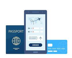 Mobile app for buying ticket with smartphone. Booking flights travel. Buy ticket online. Passport and credit card. Online registration. Vector illustration.