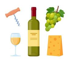 Wine bottle, piece of cheese, bunch of grapes and glass of wine. Corkscrew. Sommelier accessory. Vector illustration.