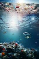 AI Generated Environmental problem of plastic rubbish pollution in ocean. Polluted seabed and fish photo