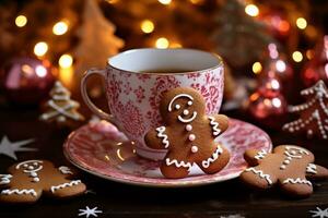 AI Generated Cute gingerbread mans cookies on a plate and cup of tea on the side photo