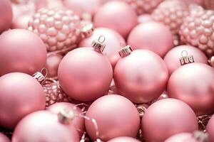 ai generado Navidad rosado decoraciones en pastel color. plano poner, parte superior ver foto