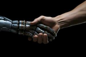 AI Generated Robot hand shaking human hand isolated on black background. High quality photo