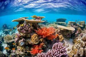 AI Generated Animals of the underwater sea world. Ecosystem. Colorful tropical fish. Life in the coral reef photo