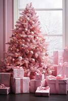 AI Generated Pink gifts and Christmas tree in modern interior with big windows photo