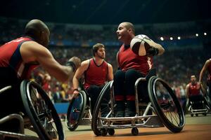 AI Generated Paralympic games, athletes basketball players playing with the ball photo