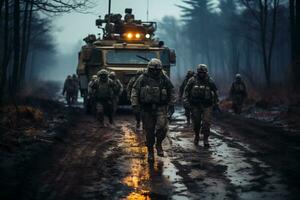 ai generado militar patrulla coche y soldados Listo a ataque a oscuridad, lluvia. Ejército guerra concepto foto