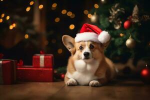 AI Generated Adorable Welsh Corgi Pembroke celebrating Happy New Year and Merry Christmas. High quality photo