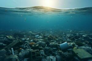 AI Generated Environmental problem of plastic rubbish pollution in ocean. Polluted seabed photo